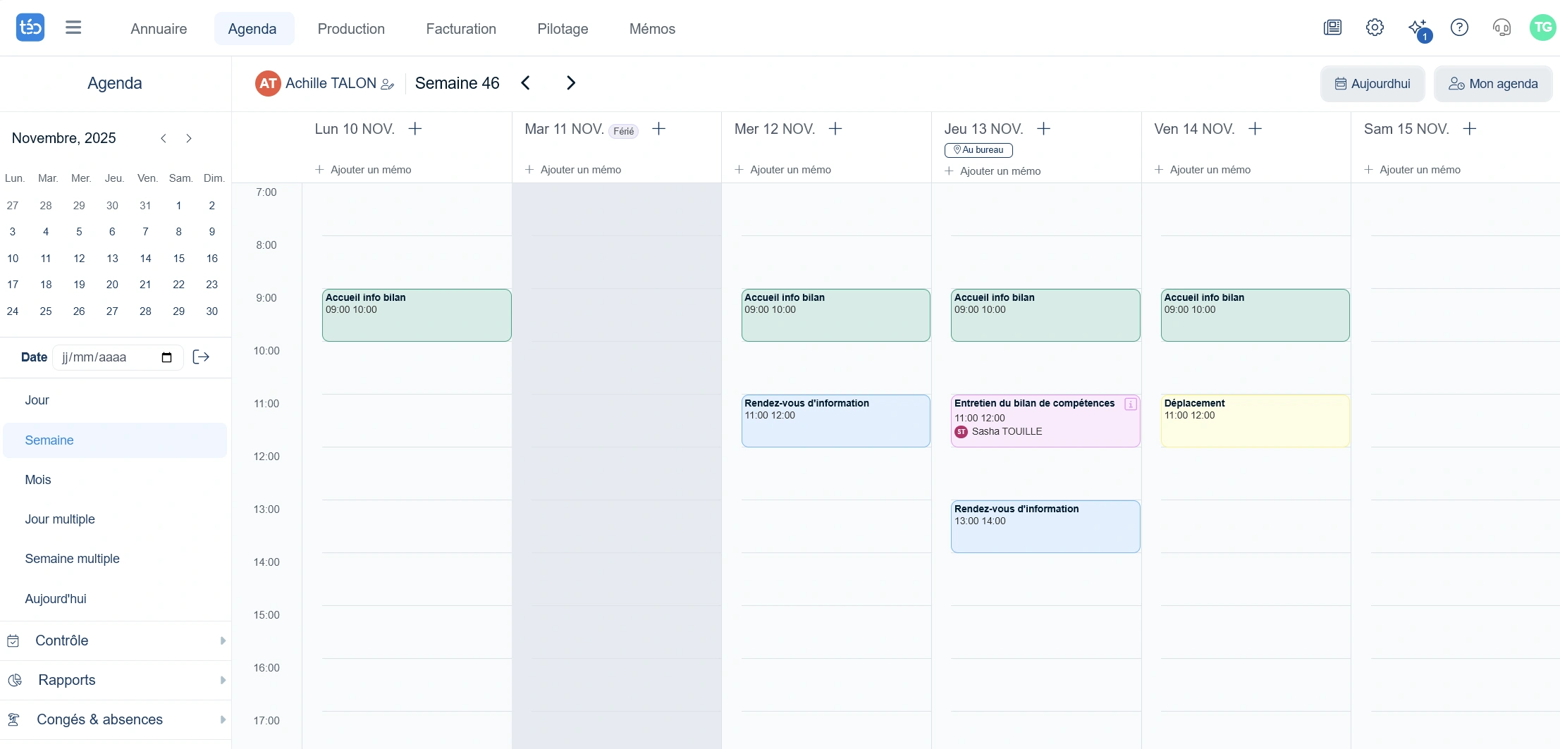 Interface téo - agenda hebdomadaire avec gestion des séances
