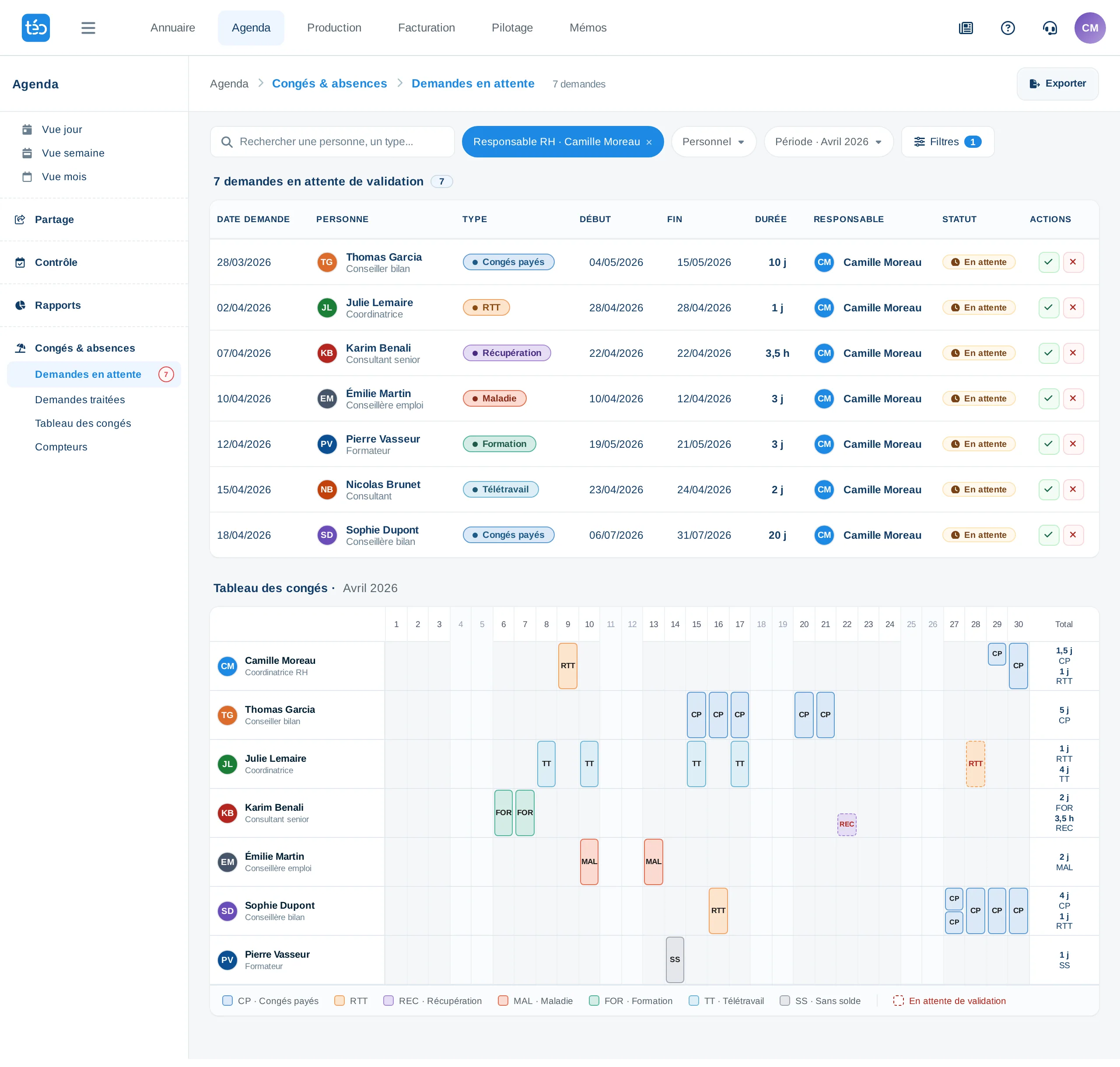 Mockup du module congés et absences dans téo : demandes en attente et planning mensuel équipe.