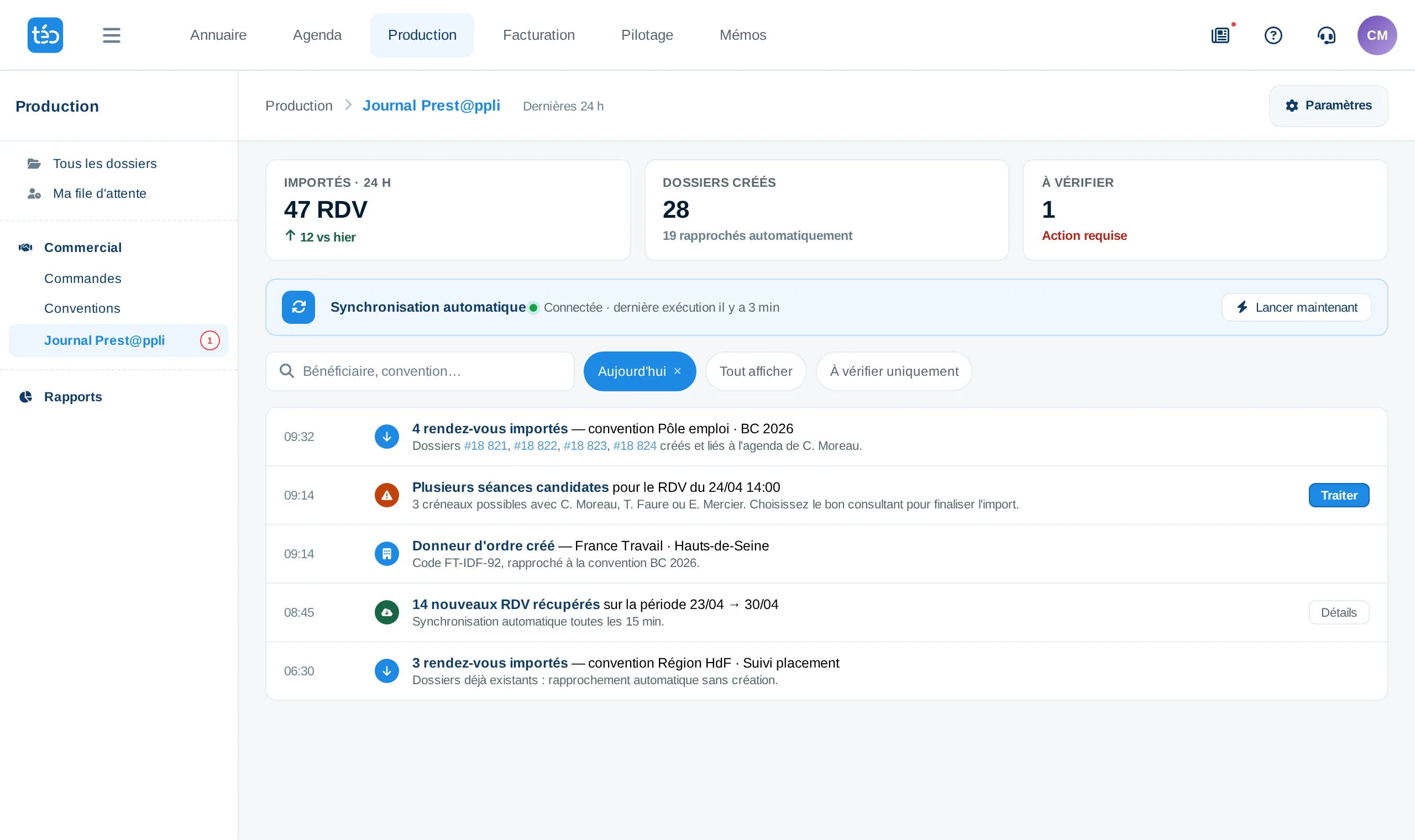 Mockup du journal de synchronisation Prest@ppli dans téo.