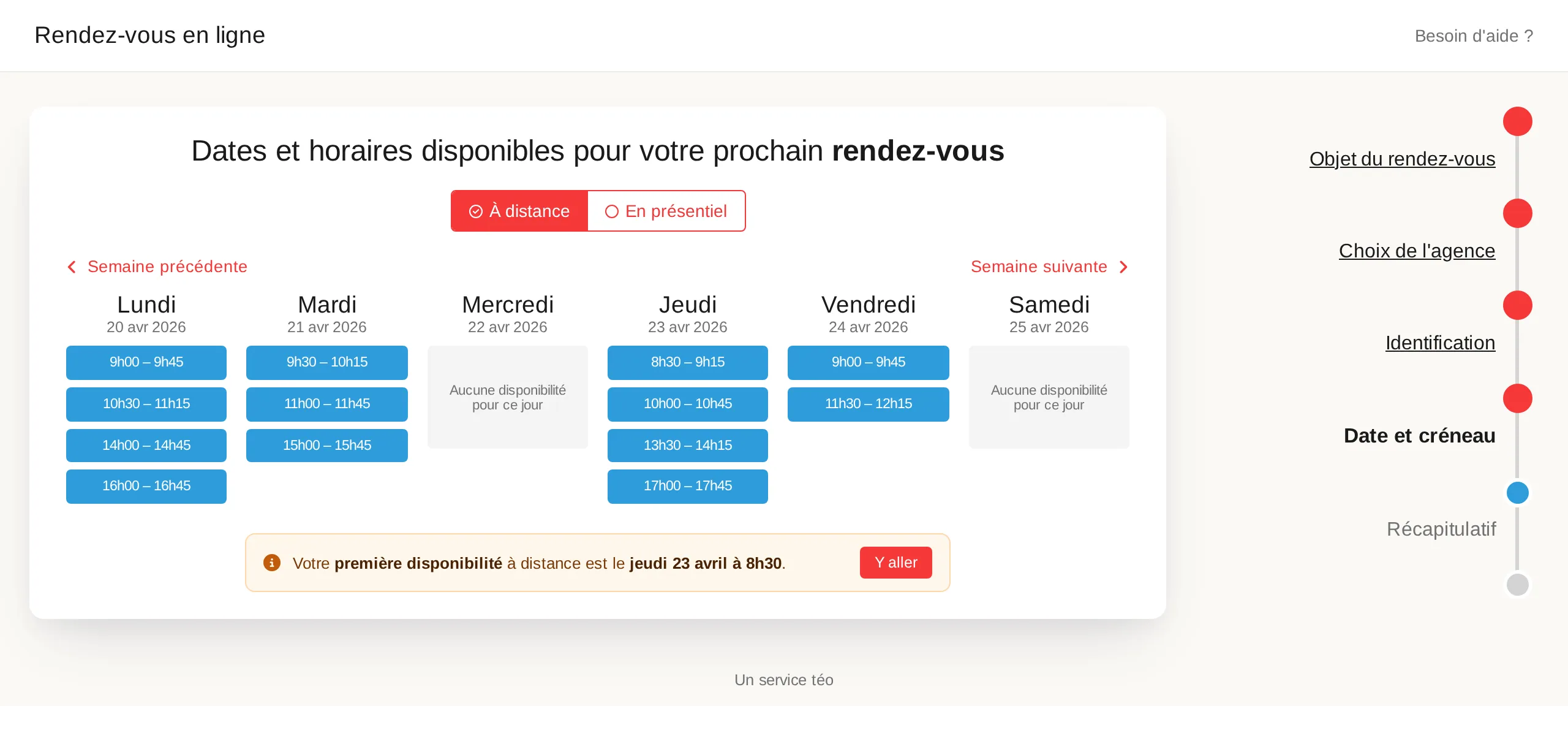 Mockup d'une page publique de prise de rendez-vous téo rdv.